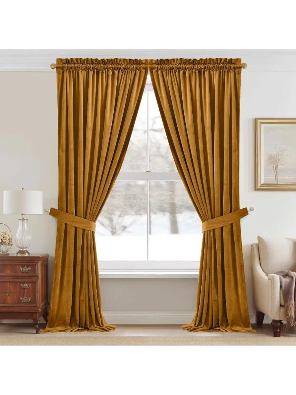 Luxurious Mustard Gold Velvet Room Darkening Curtains, 105” Long, 2 Panels